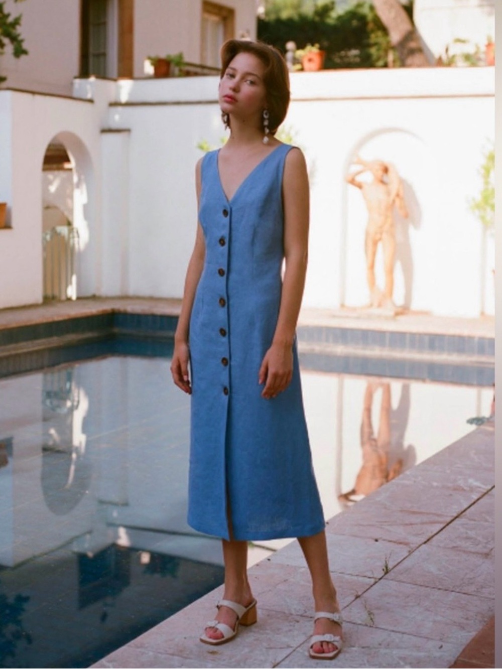 Paloma Wool Linen Alberti Blue Button-Front Midi Dress